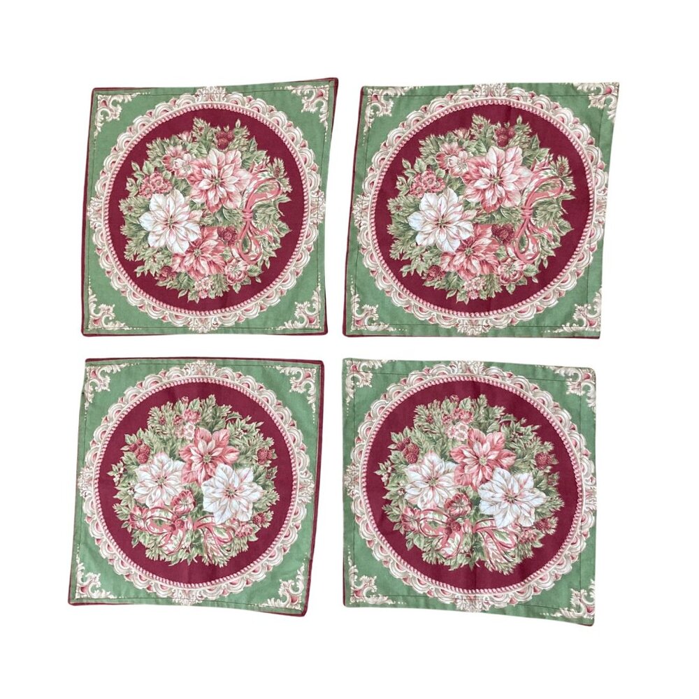 Christmas Napkins Or Placemats Pink White Poinsettia Handmade Set of 4